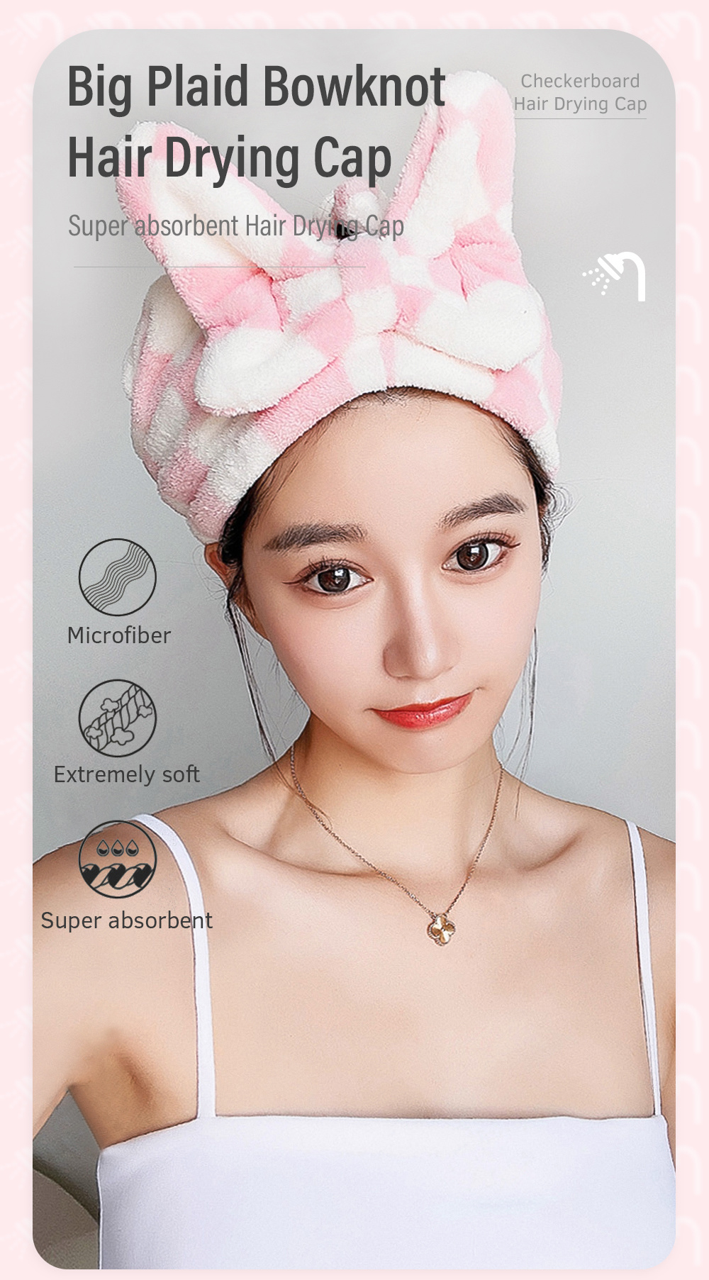 Big Plaid Bowknot Hair Drying Cap-1